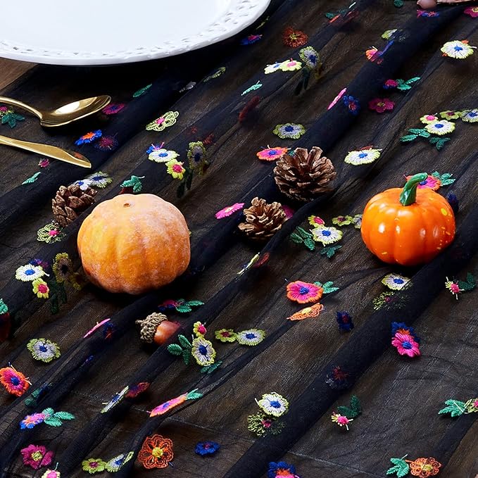 JIALE Black Floral Table Runner, Embroidery Daisy Seasonal Table Decorations - Image 2