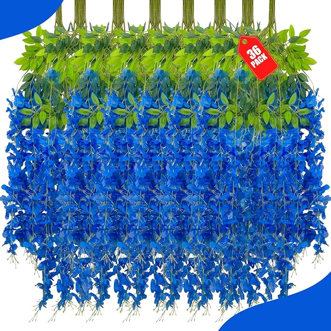36 Pack Royal Blue Wisteria Hanging Flowers, 3.44 Ft Fake Hanging Flowers by ZEBMOON