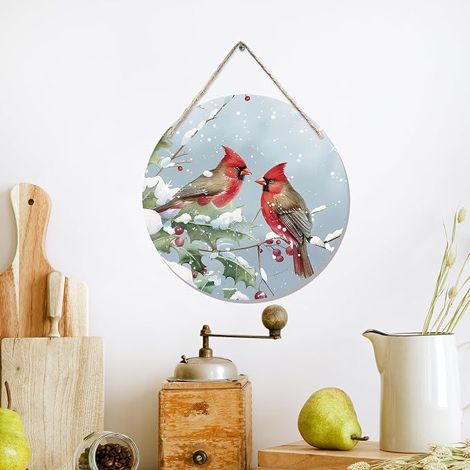 CGBHW Winter Christmas Cardinal Birds Wooden Sign, Winter Branches Berry - Image 3