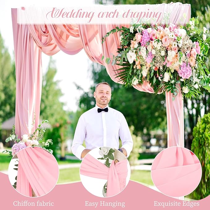 Wedding Arch Draping Fabric, 4 Panels 28" x20ft Pink Sheer Chiffon Curtain - Image 2