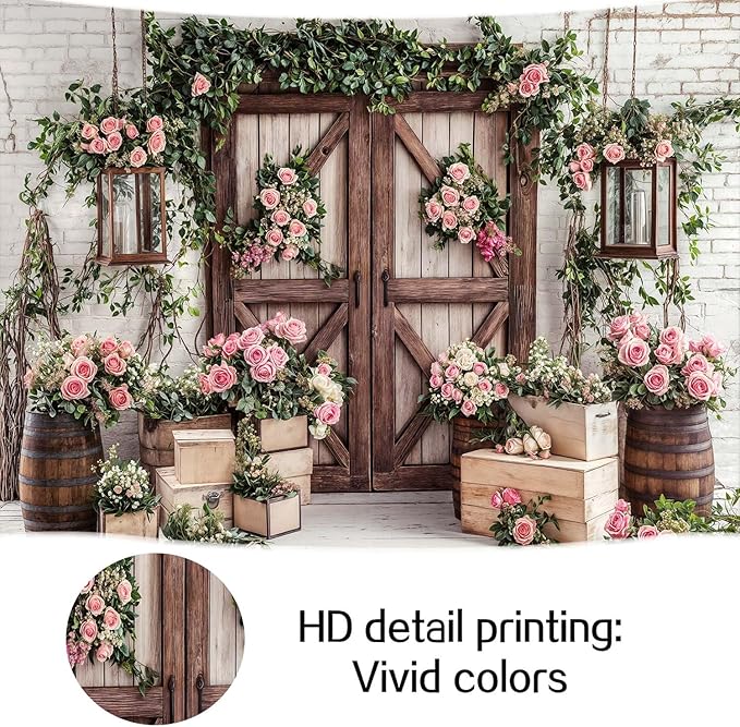 6x6ft Country Wedding Photography Backdrop Floral Rustic Roses Farmhouse Wooden - Image 7