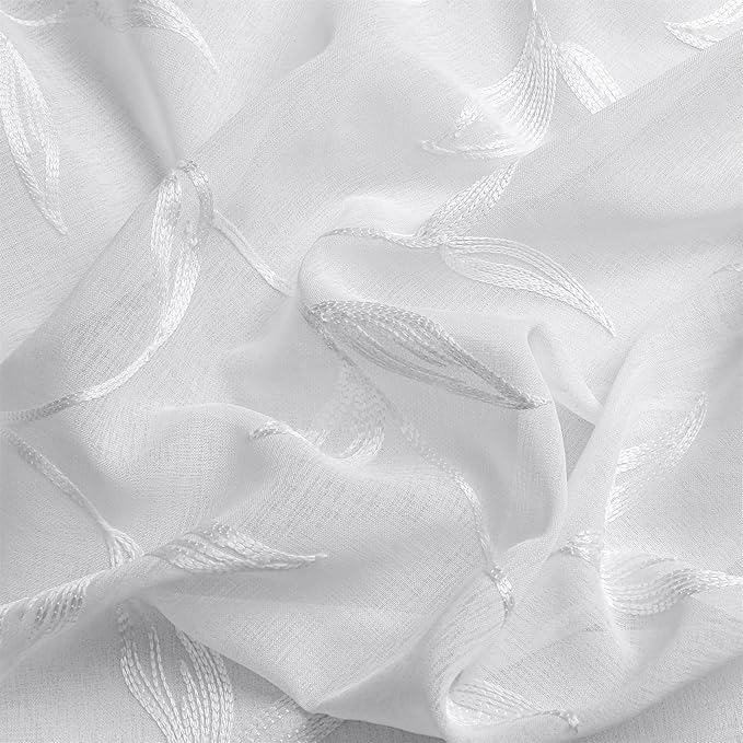 VISIONTEX White Sheer Voile Curtains, Decorative Leaves Embroidery Faux Linen - Image 4