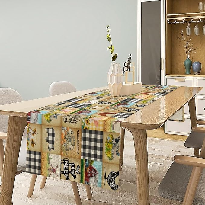 Farmhouse Animals Table Runner, Rustic Cabin Pig Chicken Cow Sunflowers - Image 5