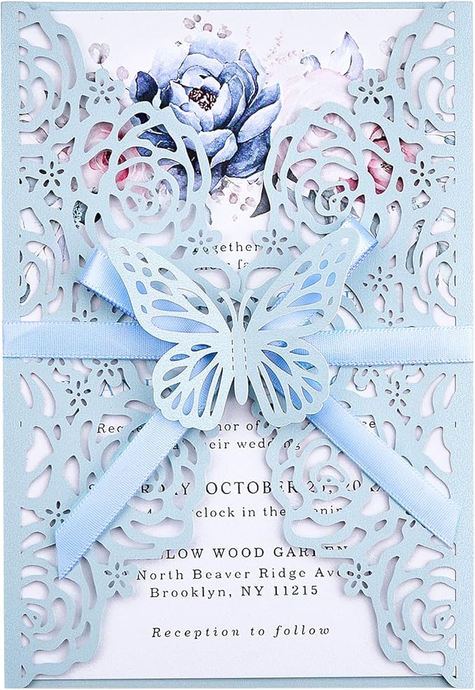 50 Set Light Blue Wedding Invitations Butterfly Laser Cut Invitations Pocket by Maffily
