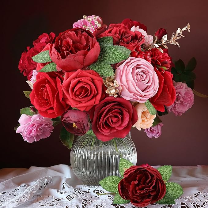 AmyHomie Red Artificial Flowers Combo Silk Mix Peony Rose Fake Flowers w/Stem - Image 6