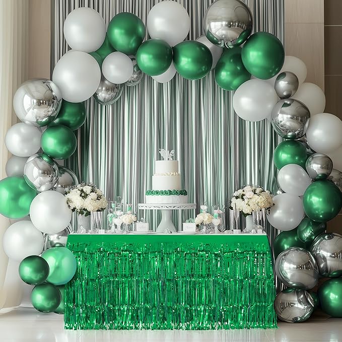2 Pack Green Table Skirts, 29x108" Metallic Foil Tinsel Fringe Table Skirts - Image 2