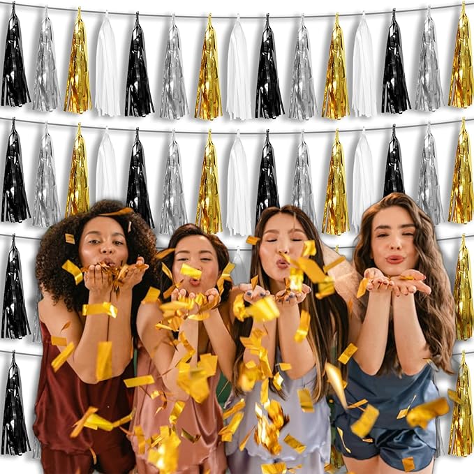 4P Black Gold Silver Foil Fringe Tassel Banner Garland Metallic Tinsel - Image 6