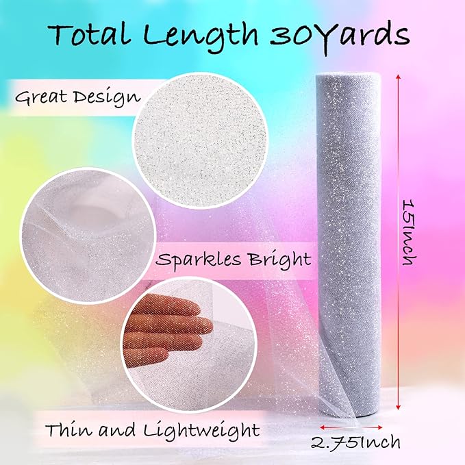 Sparkling Tulle Rolls, 15” by 30 Yards Glitter Tulle Spool Ribbon Fabric - Image 2