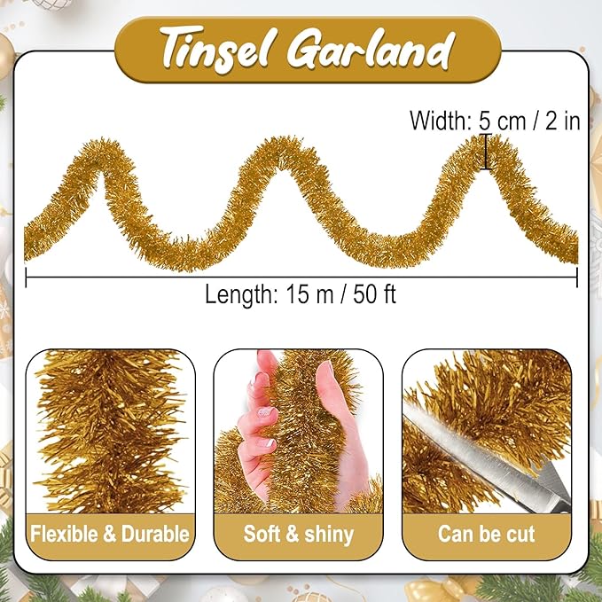 50 Feet Champagne Gold Christmas Tinsel Garland, Metallic Foil Twist Banner - Image 2