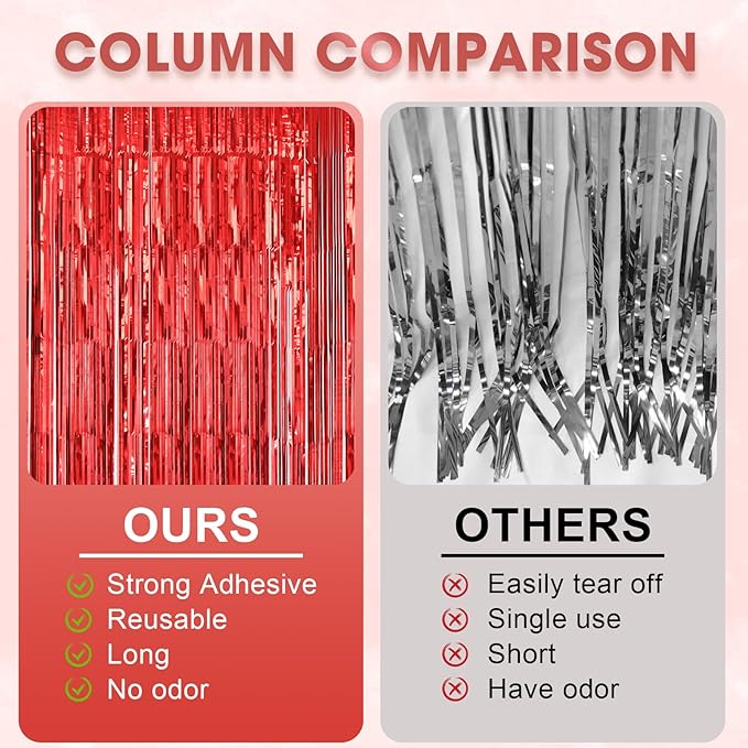 2 Pack Laser Red Foil Fringe Backdrop Curtains, Tinsel Streamers Birthday Party - Image 5