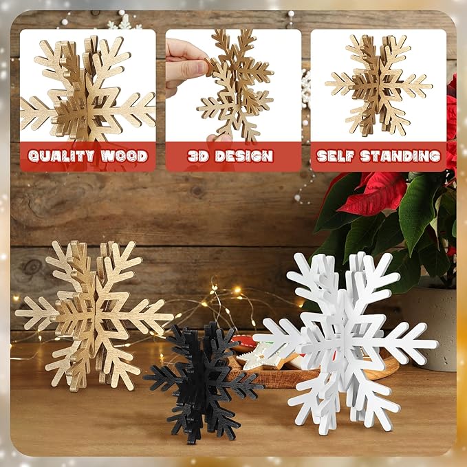 Bucherry 12 Pcs Wooden Snowflake Table Decor 3D Snowflake Tabletop Signs and - Image 4