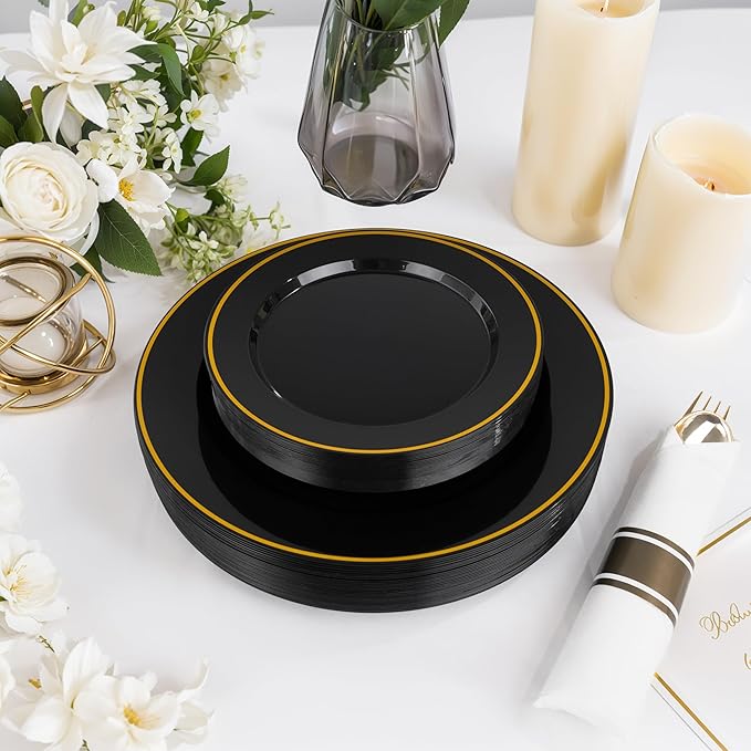 SUT 350 Pcs Black and Gold Plastic Dinnerware Set - Image 3