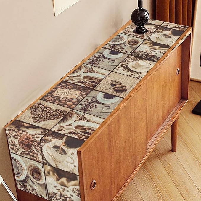 Coffee Theme Table Runner, Rustic Farmhouse Coffee Cup Latte Cappuccino Tea - Image 2