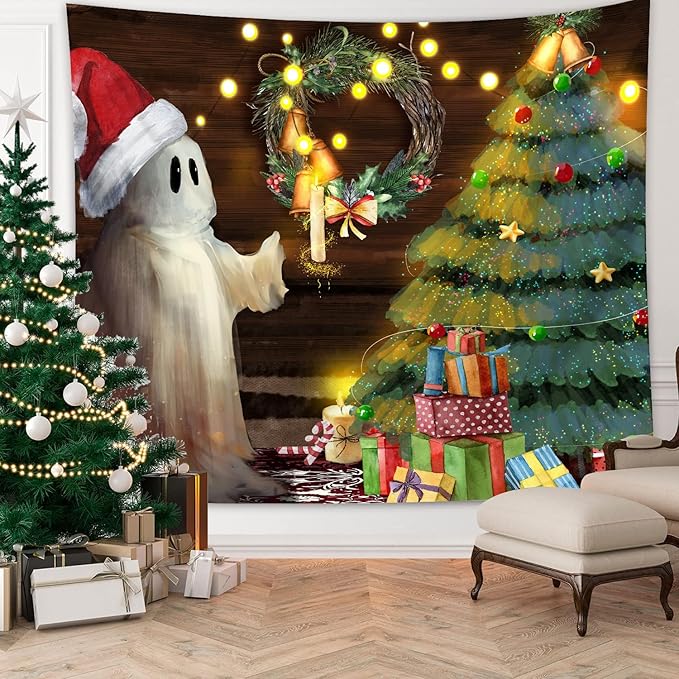 QGHOT Christmas Tapestry Wall Hanging Christmas Tree Backdrop Cute Ghost Wall - Image 4