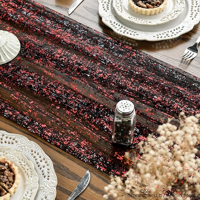 Artoid Mode 3PCS Black Red Gold Gauze Table Runner 120 Inch 10FT, Glitter - Image 3
