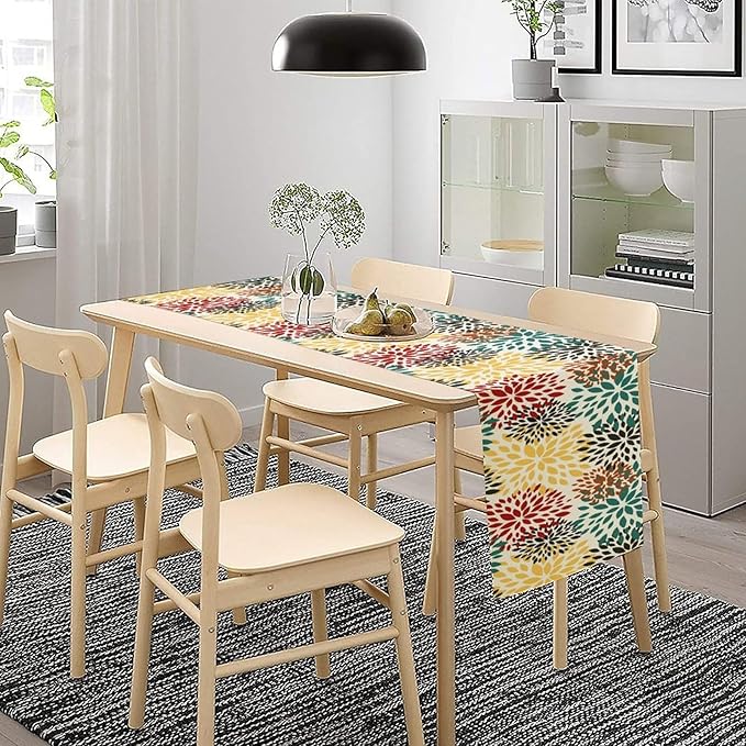 Green Red Dahlia Flower Table Runner Chrysanthemum Geometric Kitchen Dining - Image 5