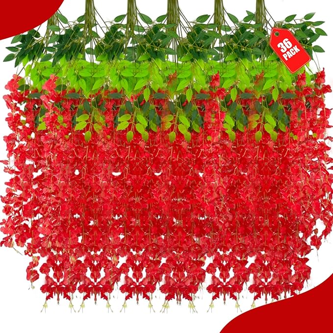 36 Pack Red Wisteria Hanging Flowers, 3.44 Ft Fake Hanging Flowers, Artificial by ZEBMOON