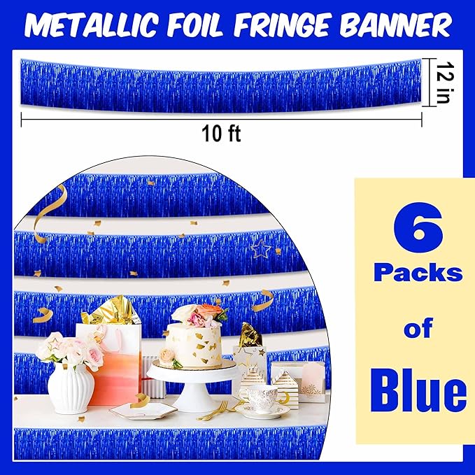 6 Pack 10 Ft Blue Foil Fringe Garland Metallic Streamers Tinsel Banner Wall - Image 2