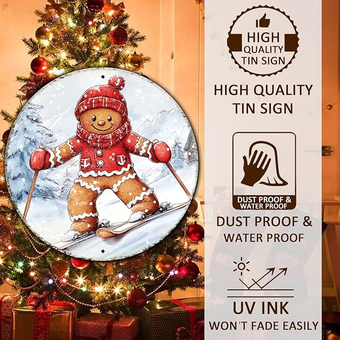 Round Gingerbread Man Ski Vintage Metal Sign Skiing Sign, Office Sign Home - Image 4