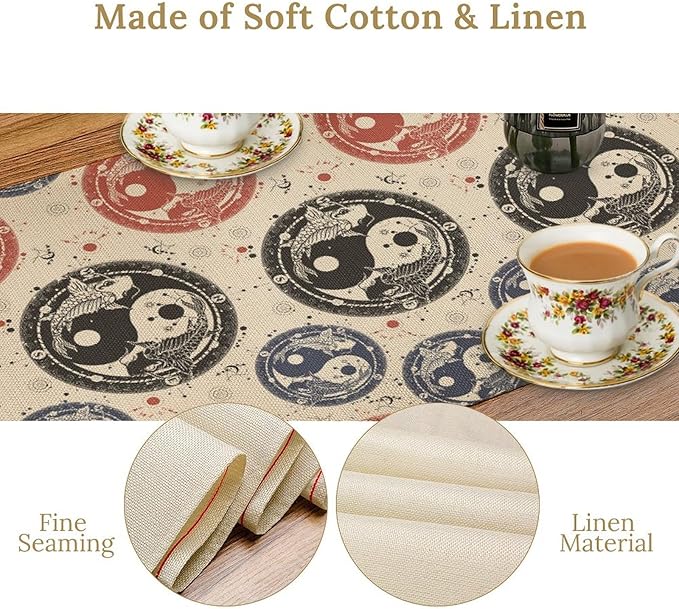 Yin Yang Table Runner, Vintage Mid Century Traditional Oriental Koi Fish - Image 6