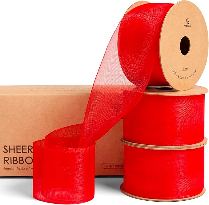 Vitalizart Red Organza Ribbon 1.5" x 30 Yd Sheer Ribbons by Vitalizart