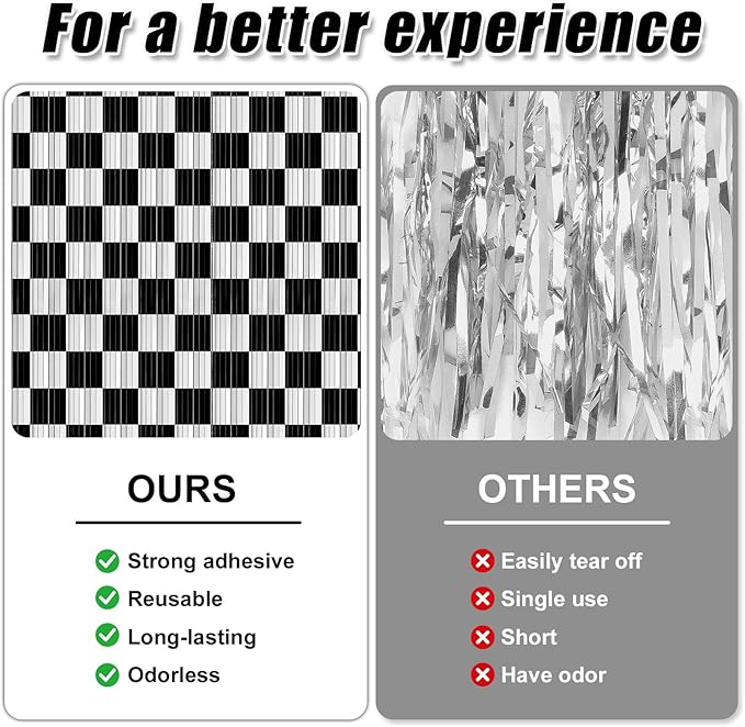 Crosize 2 Pack 3.3 x 9.9 ft Black & White Foil Fringe Curtains Party Decorations - Image 2