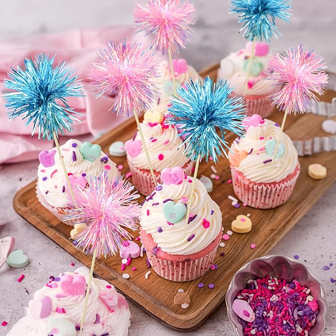 Ephlyn 30Pcs Foil Firework Cupcake Toppers Sparkle Tinsel Cupcake Picks Happy - Image 6
