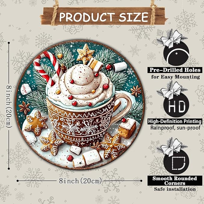 Round Christmas Signs Hot Cocoa Bar Metal Tin Sign Christmas Decor - Image 2