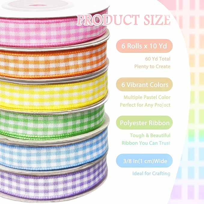 3/8" 6 Colors X 10 Yards Light Rainbow Check Satin Ribbon, 60 Yards Assorted - Image 2