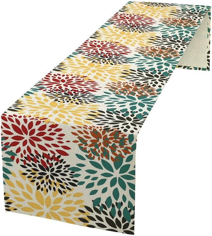 Green Red Dahlia Flower Table Runner Chrysanthemum Geometric Kitchen Dining - Image 2