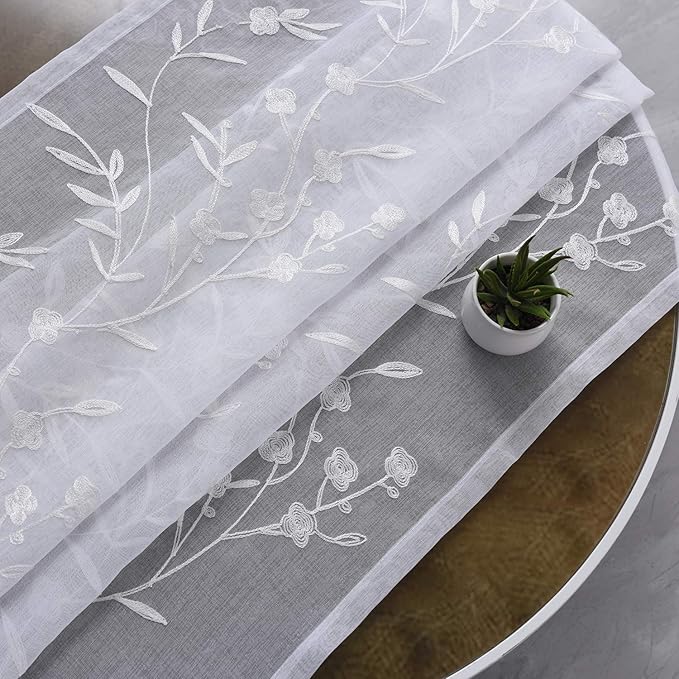 Embroidery Sheer Curtains White 95 Inches, Floral Pattern Window Treatments Rod - Image 7