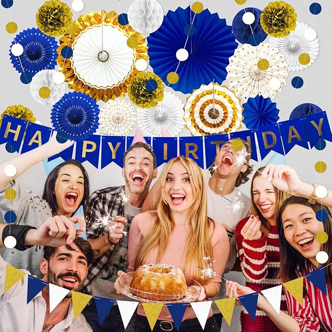 Navy Blue and Gold Happy Birthday Party Decoration 24Pcs Hanging Paper Fans - Image 6