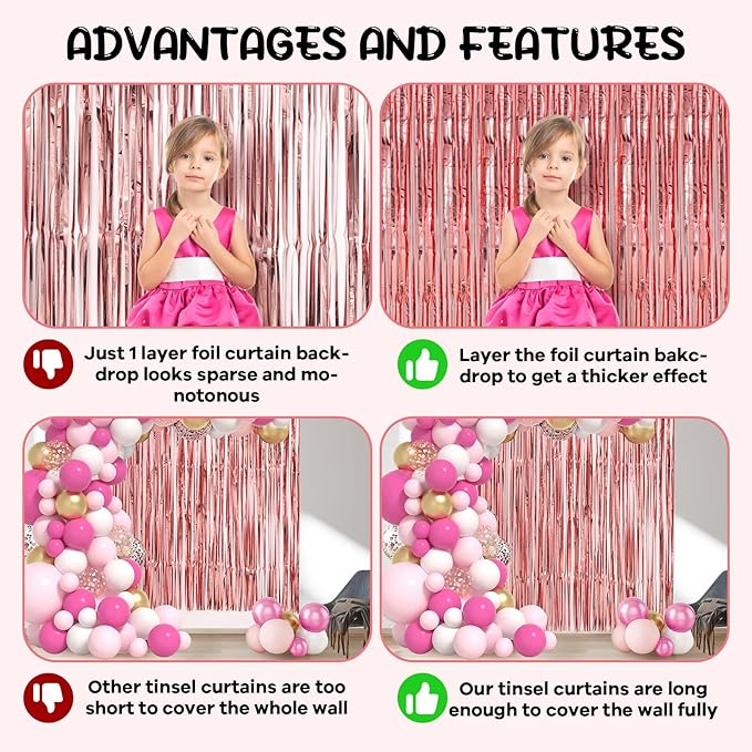 2 Pack Rose Gold Foil Fringe Backdrop Curtains, Tinsel Streamers Birthday Party - Image 5