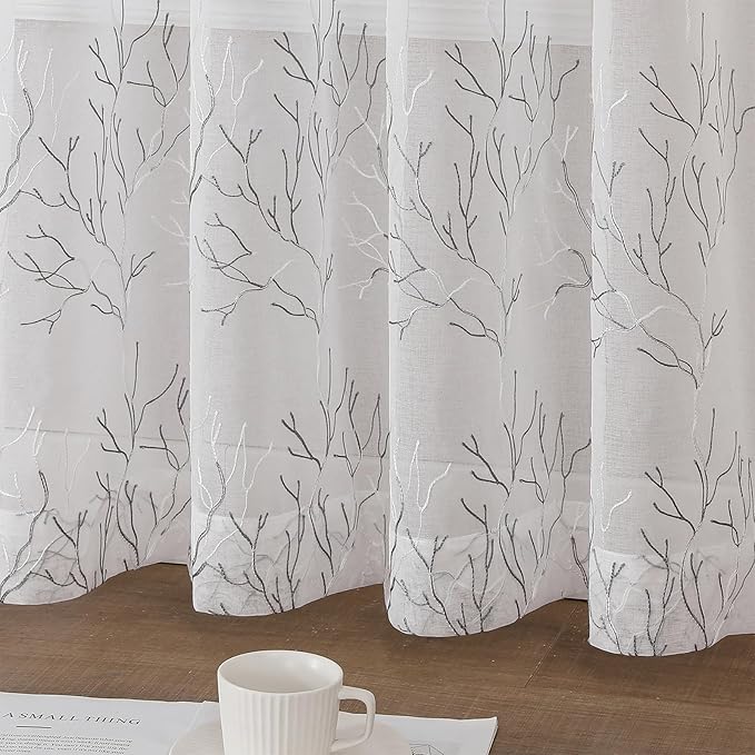VISIONTEX Sheer Curtains 63 inch Length 2 Panels Set, Decorative Grey Coral - Image 6