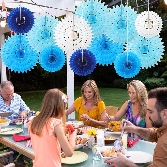 Outus 12 Pcs Hanging Honeycomb Paper Fans Sets, Fiesta Blue and White Party - Image 6