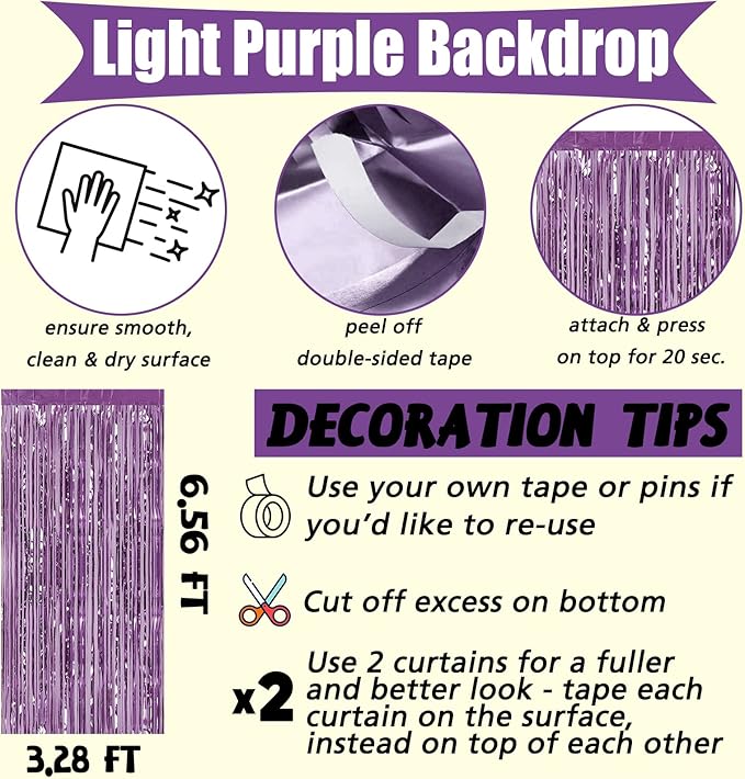 4 Pack Light Purple Fringe Curtain Backdrop, 3.2Ft x 6.6Ft Metallic Tinsel Foil - Image 2