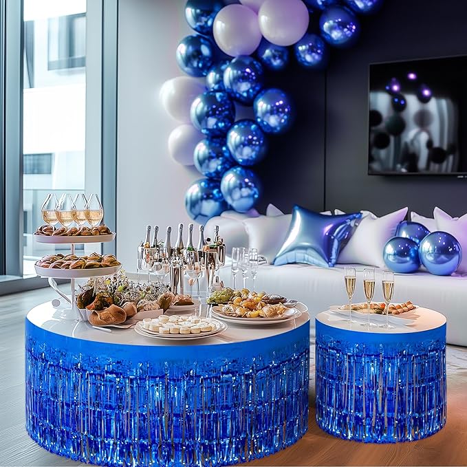 2 Pack Dark Blue Table Skirts, 29x108" Metallic Foil Tinsel Fringe Table Skirts - Image 9