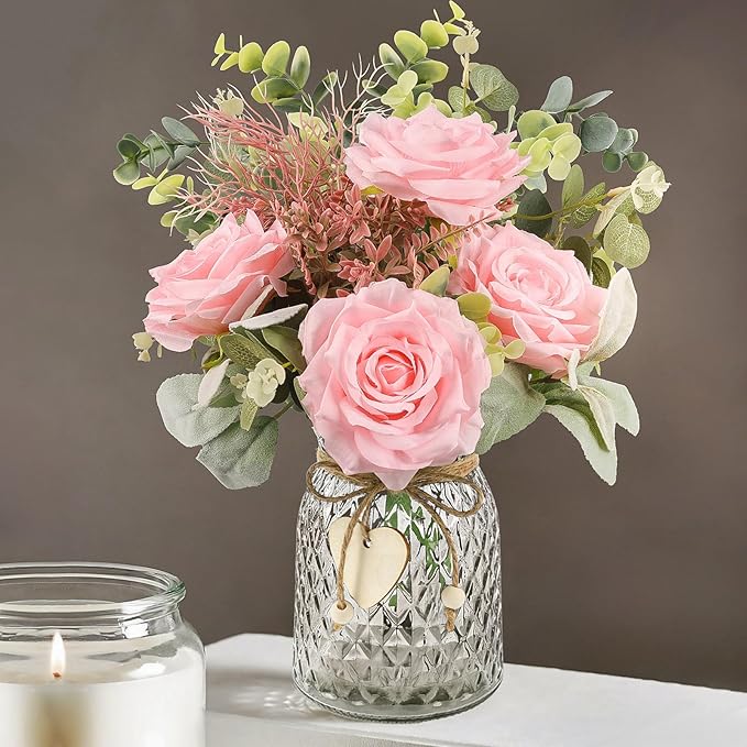 HOHOTIME Artificial Flowers in Vase, Faux Silk Pink Roses Table Centerpiece by HOHOTIME