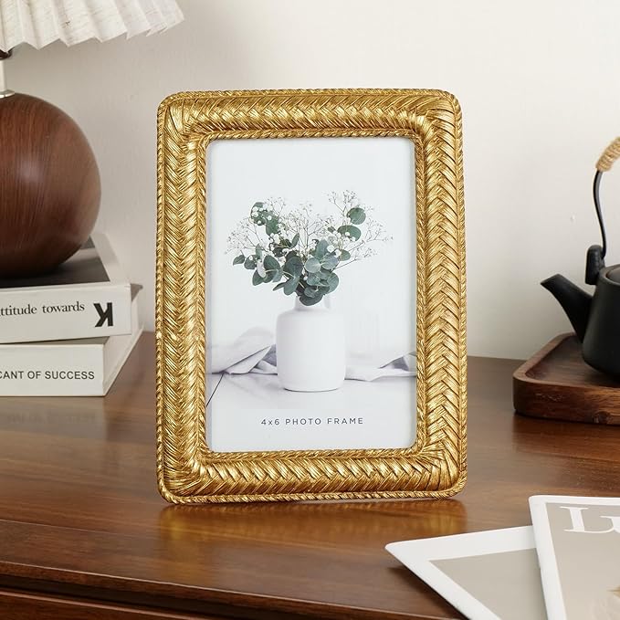 Cuspin 4x6 Gold Picture Frame, Ornate Decorative Rattan Resin Photo Frame - Image 3