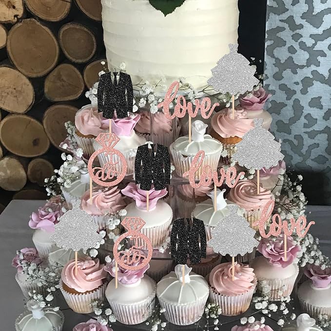 24 PCS Groom and Bride Cupcake Toppers Glitter Ring Love I Do Cupcake Picks - Image 5