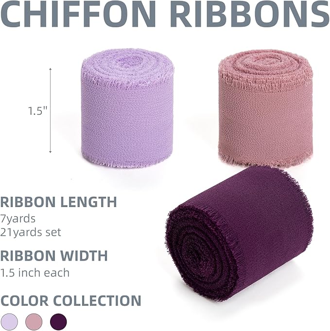 Purple Lavender Dusty Rose Handmade Chiffon Ribbon, 1.5" x 21Yd Frayed Silk - Image 2