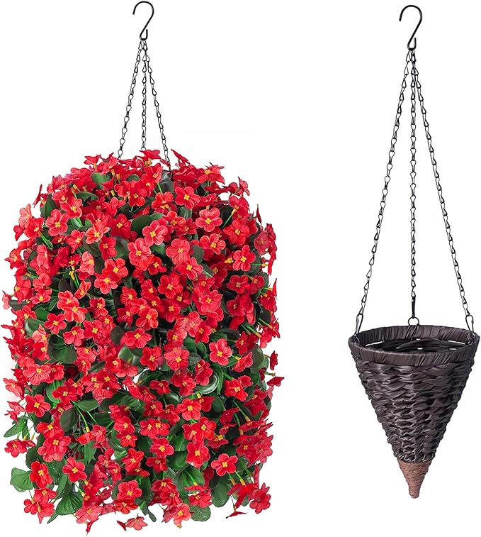 Artificial Fake Red Hanging Flowers Plants Basket - Image 5