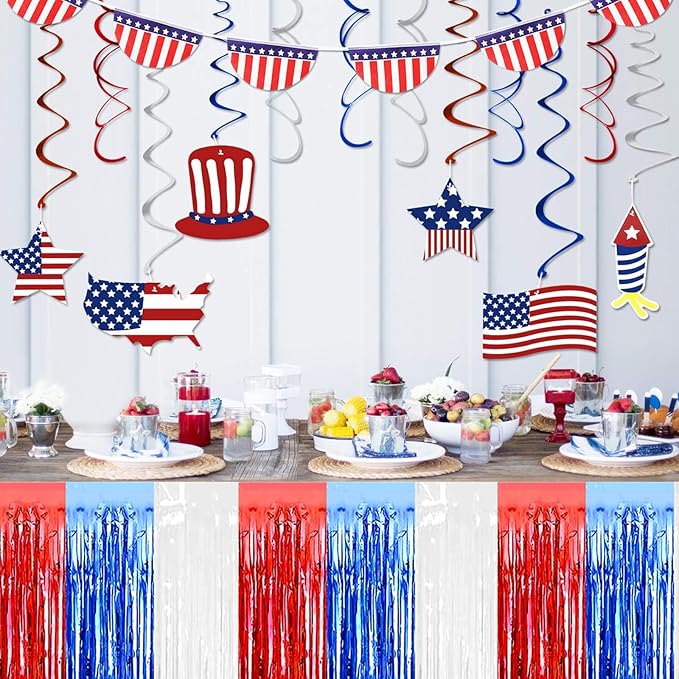 3 Pack 29x108 Inch White Blue Red Foil Fringe Table Skirts Metallic Banner - Image 6