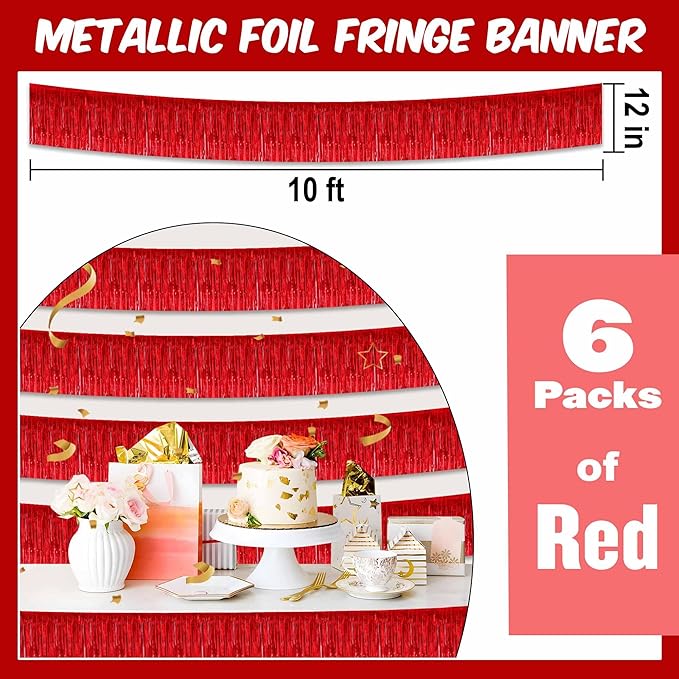 6 Pack 10 Ft Red Foil Fringe Garland Metallic Streamers Tinsel Banner Wall - Image 2