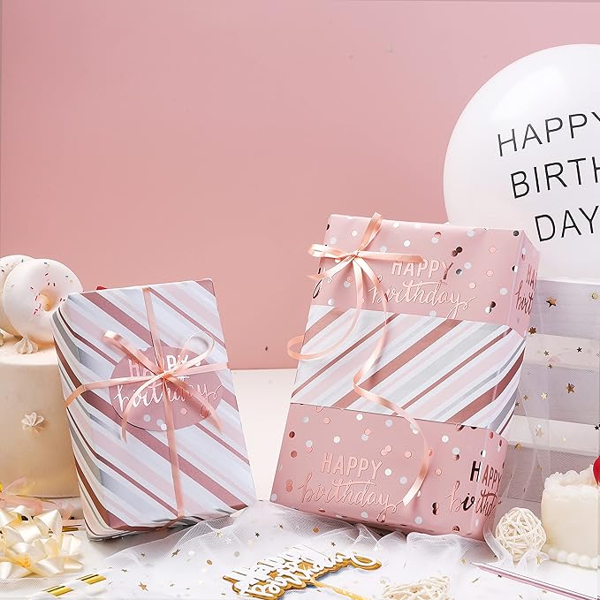 LeZakaa Reversible Pink Birthday Wrapping Paper Roll - Image 3