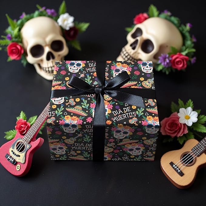 LeZakaa Day of the Dead Wrapping Paper Roll, Colorful Sugar Skulls Maracas - Image 2