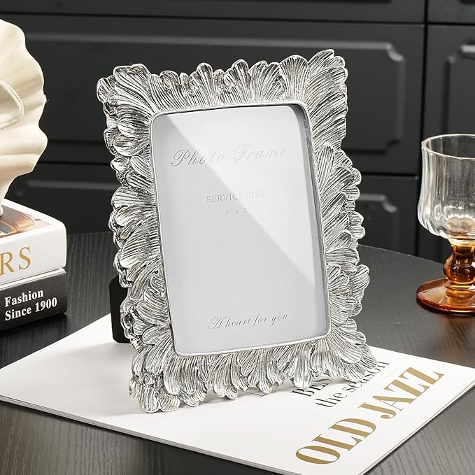 Silver 5x7 Picture Frame, Vintage Silver Palm Leaves Textured Hand-Crafted Resin - Image 2