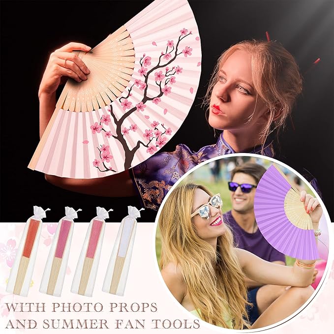 80 Pieces Paper Hand Fan and Organza Hand Fan Bags Bamboo Folded Hand Fan Paper - Image 3
