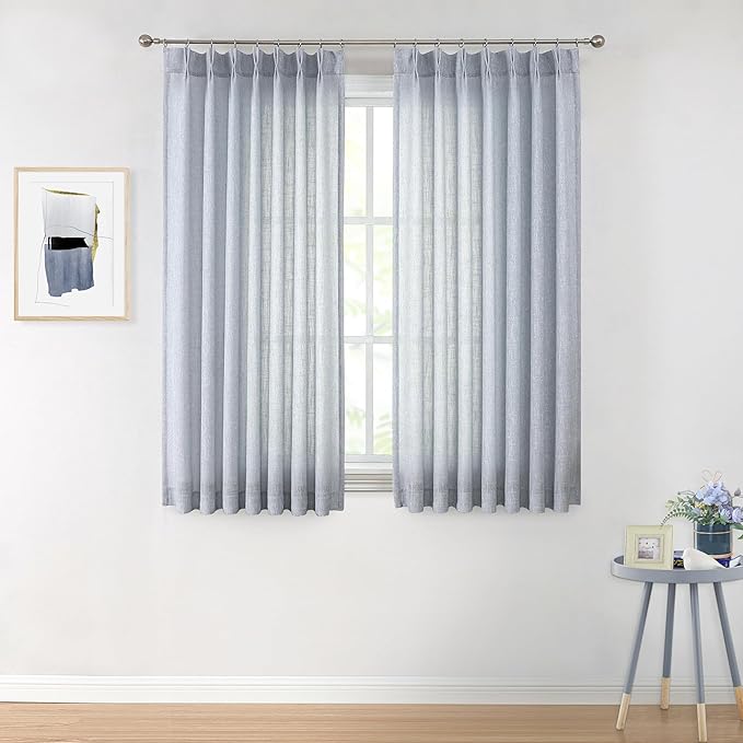 Vision Home Pinch Pleated Blue Semi Sheer Curtains Textured Light Filtering - Image 2