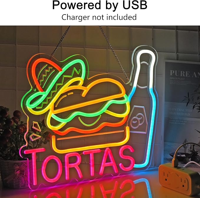 CNBEYOUNG Tortas Neon Sign, Neon Lights Hanging Wall Art Decoration - Image 2